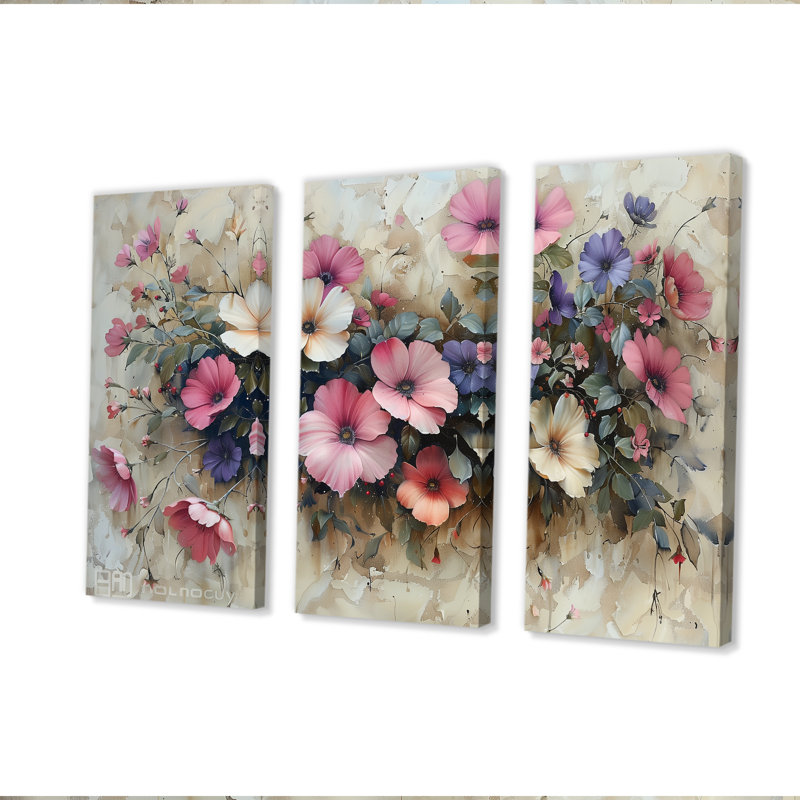 Rose et blanc, pétunia floral - ensemble d'art mural pétunias, Wrapped Canvas, H 28 po x l 36 po x P 1 po