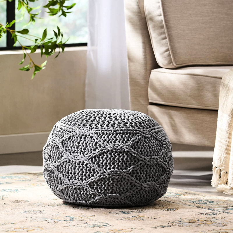 Pouf gris moderne en maille tissée pour entrée - 51 cm L x 36 cm P x 36 cm H, aucun assemblage requis, motif charmant, 51,5 x 51,5 x 36 cm.