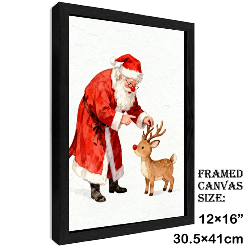 Père Noël noir encadré noir avec renne, impressions sur toile de style rétro, H 17 po x l 13 po