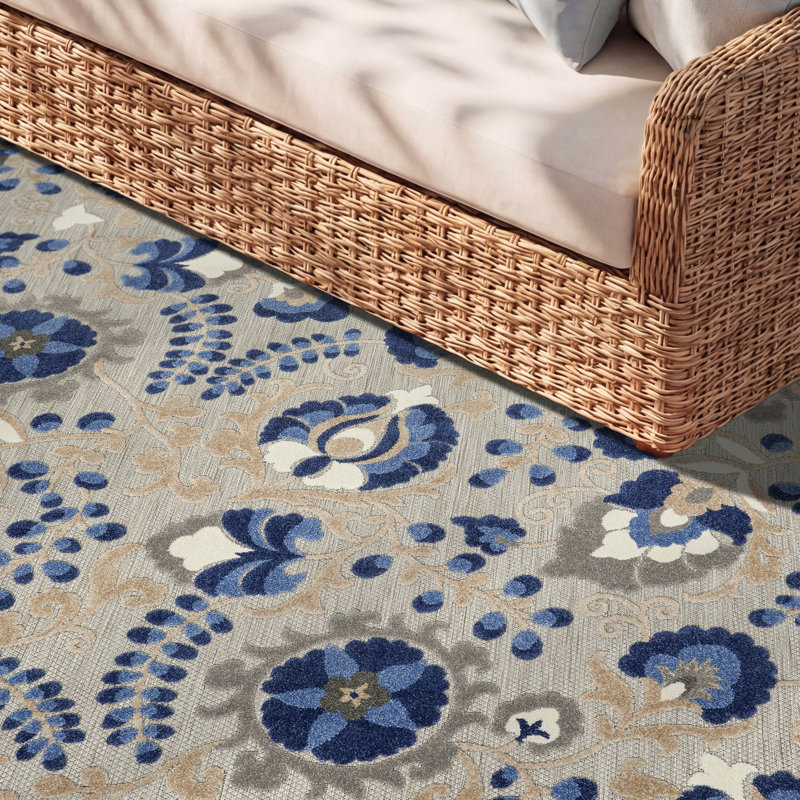 Ciann Floral Blue/Gray Indoor/Outdoor Area Rug, Rectangle 2'3" x 10'