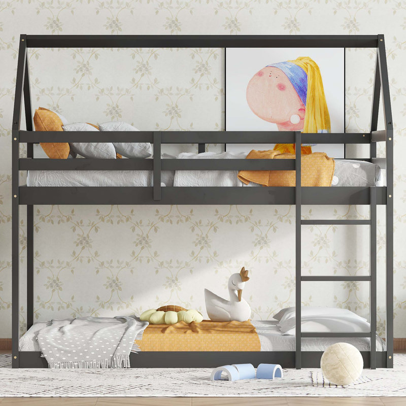 Rubber Wood Floor Bunk Bed,with ladder,Guardrails,House-Shaped-Bunk Bed, Black