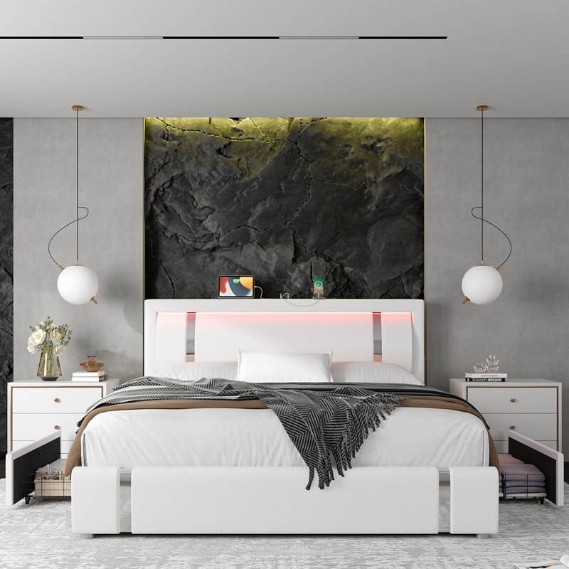 Barbuto PU Low Profile Storage Bed Frame with Lighted Headboard, USB Ports and 2 Drawers, Queen, White
