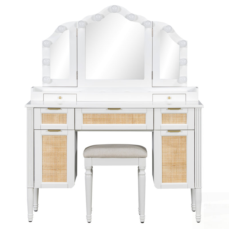 Makeup Vanity Desk With 13 Hollywood Bulbs, 3 Lighting Modes, And Ample Storage For Modern Glamour
