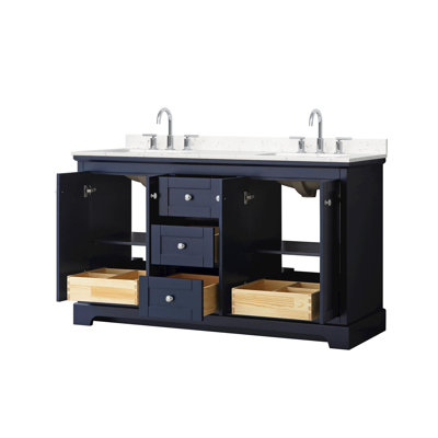 Avery 60 Inch Double Bathroom Vanity in Dark Blue, Carrara Cultured Marble Countertop, Undermount Square Sinks (3-Hole), Polished Chrome Trim