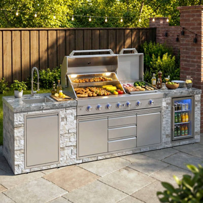 Îlot de cuisine extérieur modulaire 3 pièces avec véritable pierre Akoah, réfrigérateur, évier, plaque chauffante latérale et brûleurs latéraux doubles