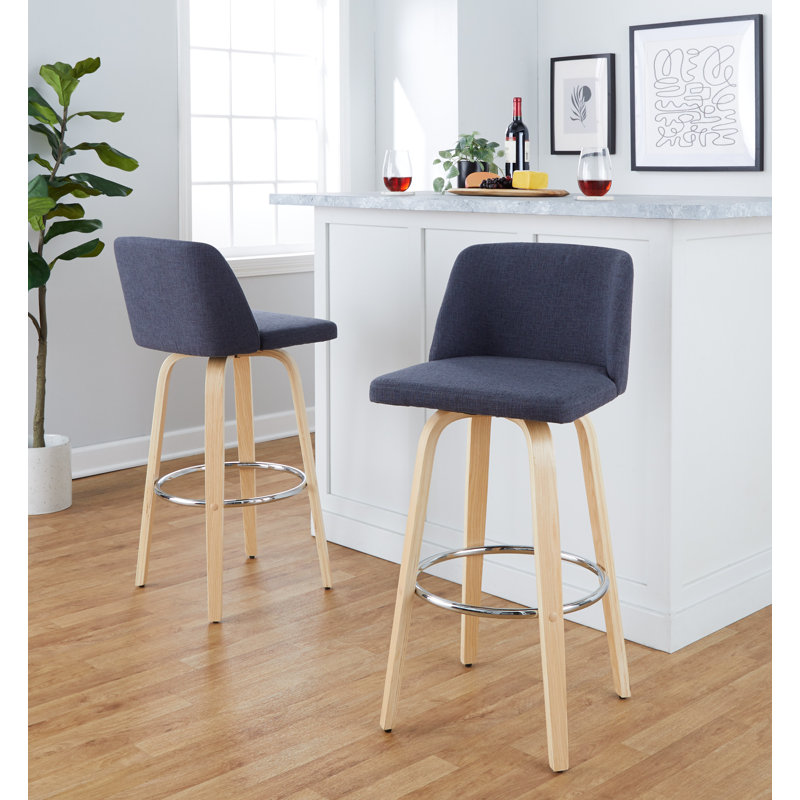 Thea 30" Fixed-Height Bar Stools with Bent Wood Legs & Round Footrest, Natural/Chrome, Blue Polyester Blend