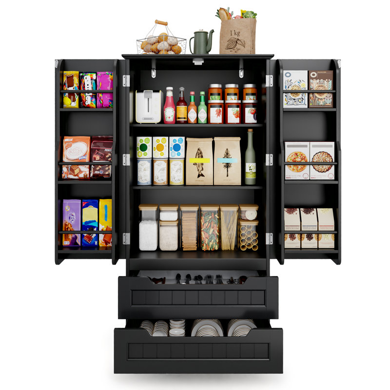 Garde-manger Bayview Elinna H 63 po avec 2 tiroirs, 3 tablettes, conception sans poignée, Noir