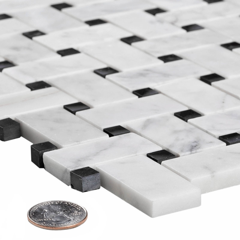Heritage 1 in. x 2 in. Basketweave Polished Marble Tile, White Black