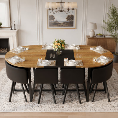 Ensemble de table de salle à manger 9 pièces ovale avec grain de bois bicolore et chaises en cuir de polyuréthane noir, idéal pour les réunions de famille et les cuisines modernes