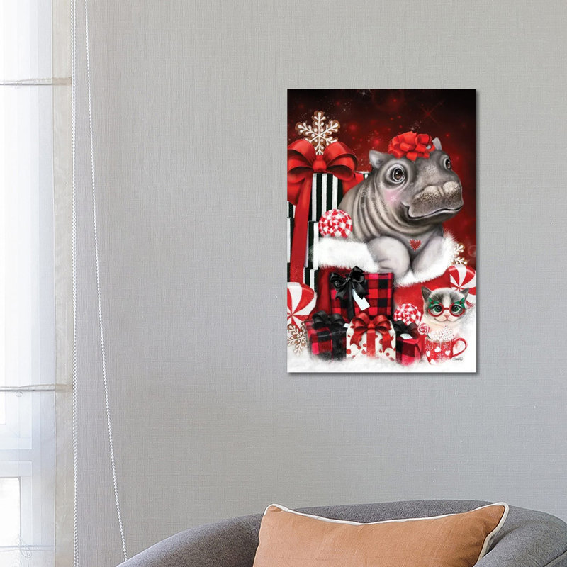 «Cute Hippo Christmas Surprise», reproduction d'art sur toile tendue, H 26 po x l 18 po, Toile tendue, Ne s’applique pas