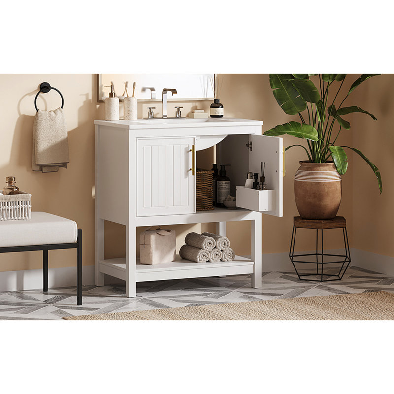 Meuble-lavabo de 30 pouces avec lavabo en céramique et rangement polyvalent - idéal pour les petites salles de bain