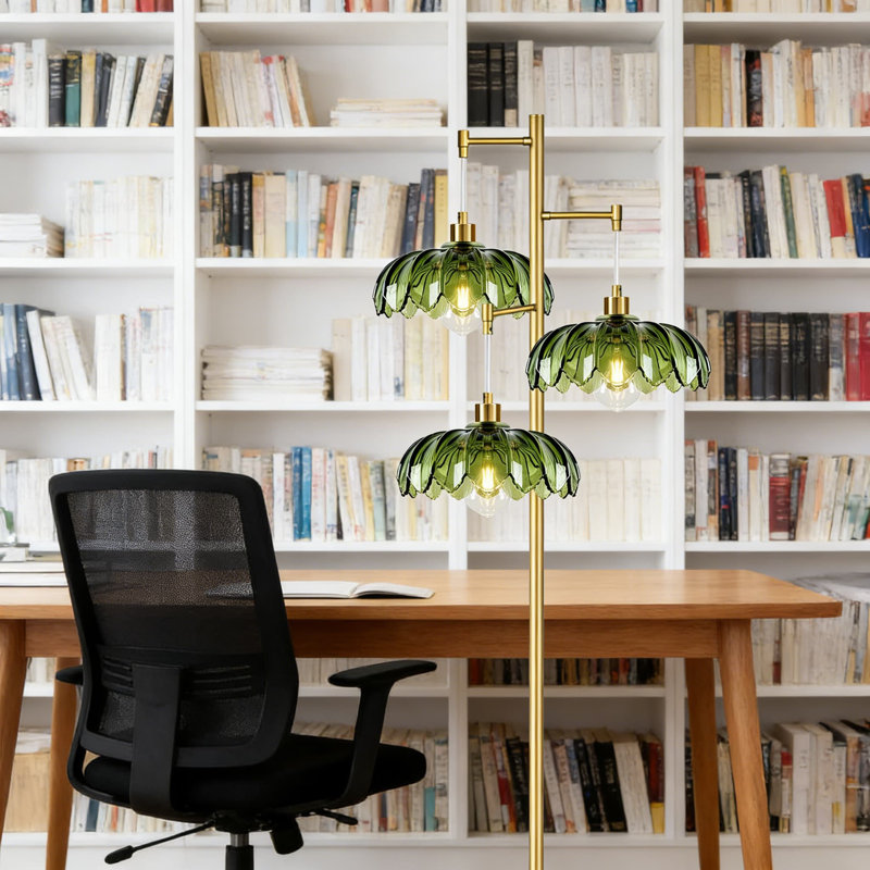 Mid-Century Modern Tree Floor Lamp With 3 Stained Glass Lotus Shades, Vintage Brass Finish, Heavy Base & Foot Switch, Includes LED Bulbs For Living Room, Bedroom, Or Corner