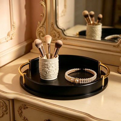 Plateau de service rond rond avec poignées en métal doré - Plateau en bois résistant aux taches pour table basse, bar, meuble-lavabo, cuisine et décoration intérieure