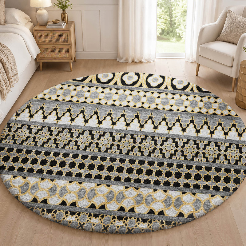Tapis bohème shggy de rêve lavable à la machine de qualité supérieure, Charcoal, 8' Round