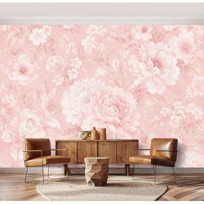 Wall Mural Peel and Stick floral pink vintage romantic soft white blossoms watercolor Botanical Large Wallpaper Self-Adhesive Removable Contact Paper Wall Decor for Living Room Bedroom Nursery 69"H x 96"W