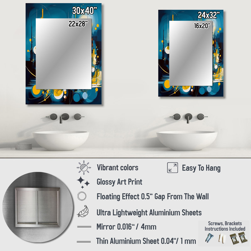 Bleu et jaune pierre fluide II - miroir mural unique en marbre, miroir moderne, impression d'art en métal, 32 po x 24 po