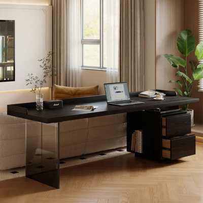 Modern Black Rectangular Solid Wood with 2 drawers desk