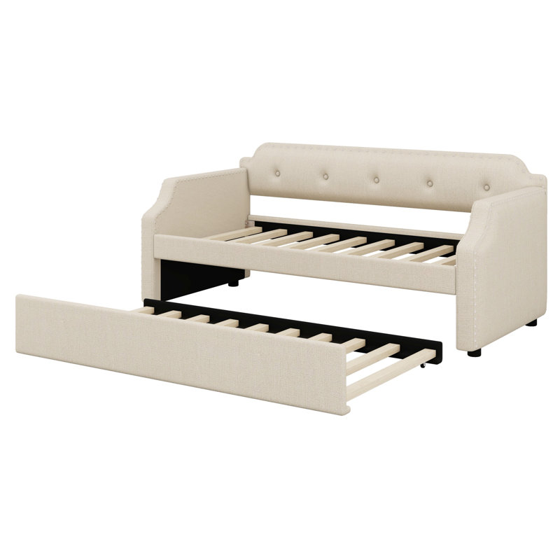 Upholstered Daybed With Trundle, Wood Slat Support,Upholstered Frame Sofa Bed, Beige