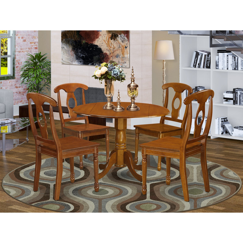 5 Piece Dining Set Includes a Round Dining Room Table with Dropleaf and 4 Wood Seat Chairs, 42x42 Inch, Saddle Brown