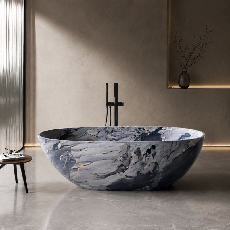 Baignoire autoportante de 59 po en résine de forme ovale avec veines de marbre de style encre, baignoire de trempage à surface solide avec dossier ergonomique et conception antidérapante