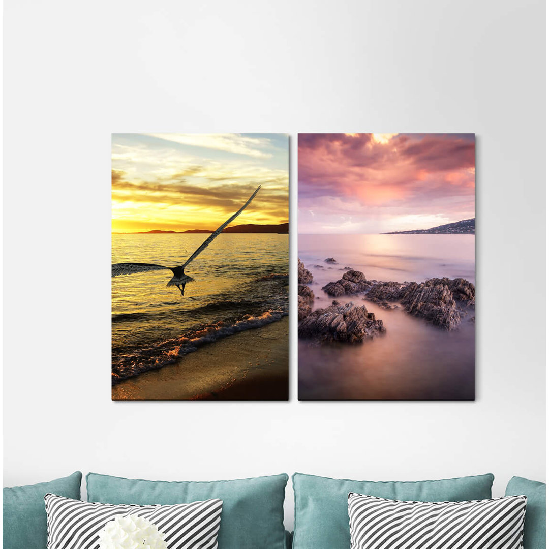 2-tlg. Leinwandbilder-Set - Fotografie „Eagle Sunset Sea Rocks Freedom Horizon”