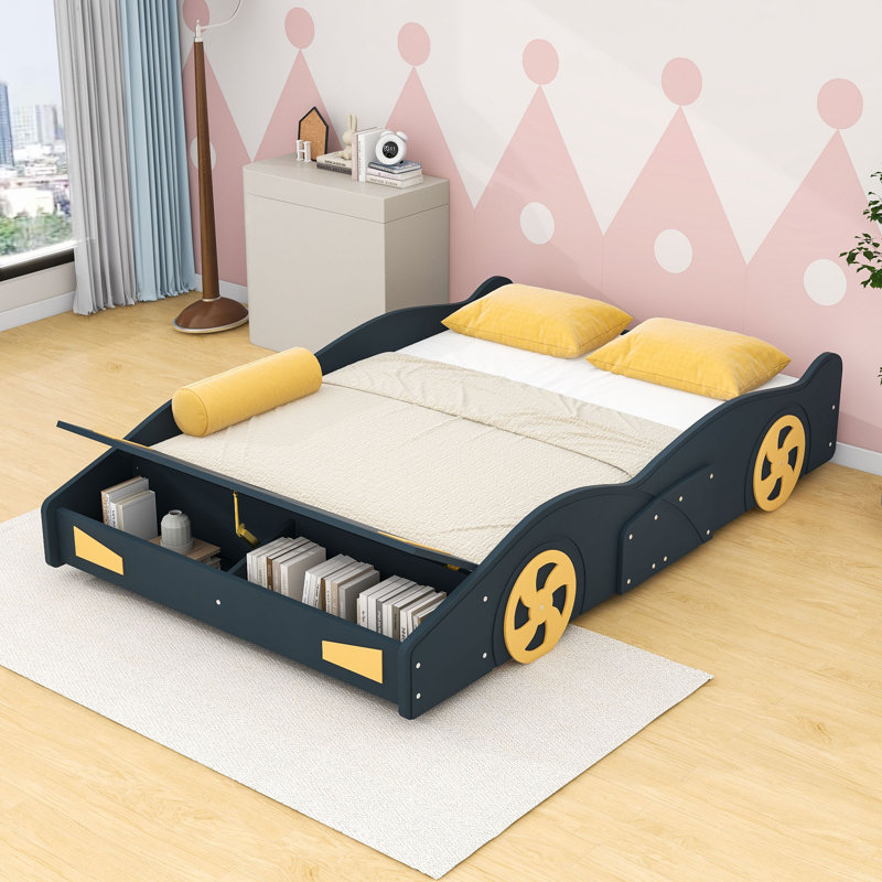 Lit plateforme double avec rangement, garde-corps et pieds centraux, conception en forme de voiture de course