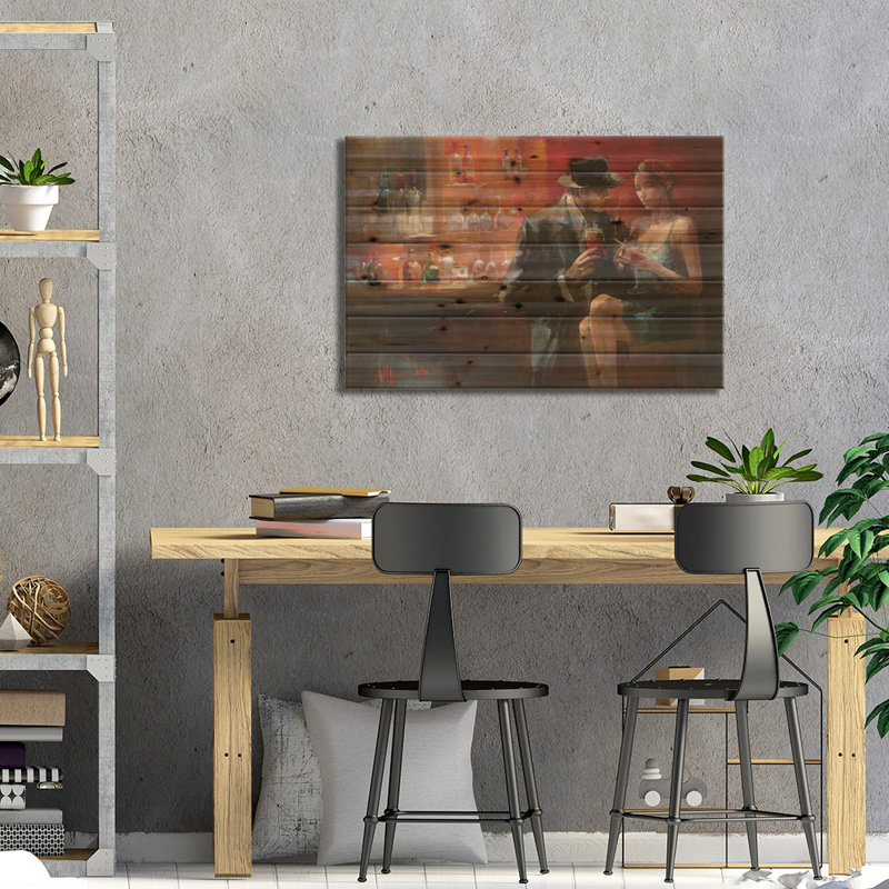 «Evening in the Bar I» par willem haenraets - peinture sur bois sans cadre, H 18 po x l 26 po x P 1,5 po