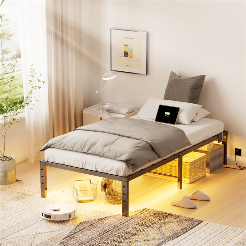 Twin Bed Frame With Charging Station/LED Lights