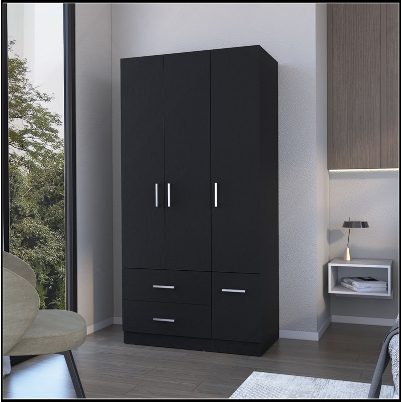 Armoire Douglas en mélamine, deux tiroirs, tringle suspendue et 4 portes., Noir