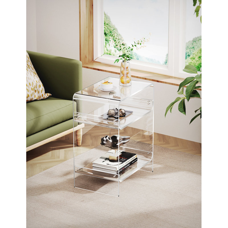 Acrylic Record Player Table with Storage Shelf, Clear Side Table Nightstand, 22.8" H x 17.7" W x 11.8" D, Clear