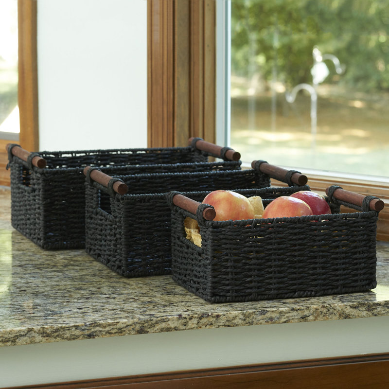 Chebeague Decorative Woven Baskets, Paper Rope with Wood Handles, Sturdy Metal Frame, Small, Medium and Large, Black