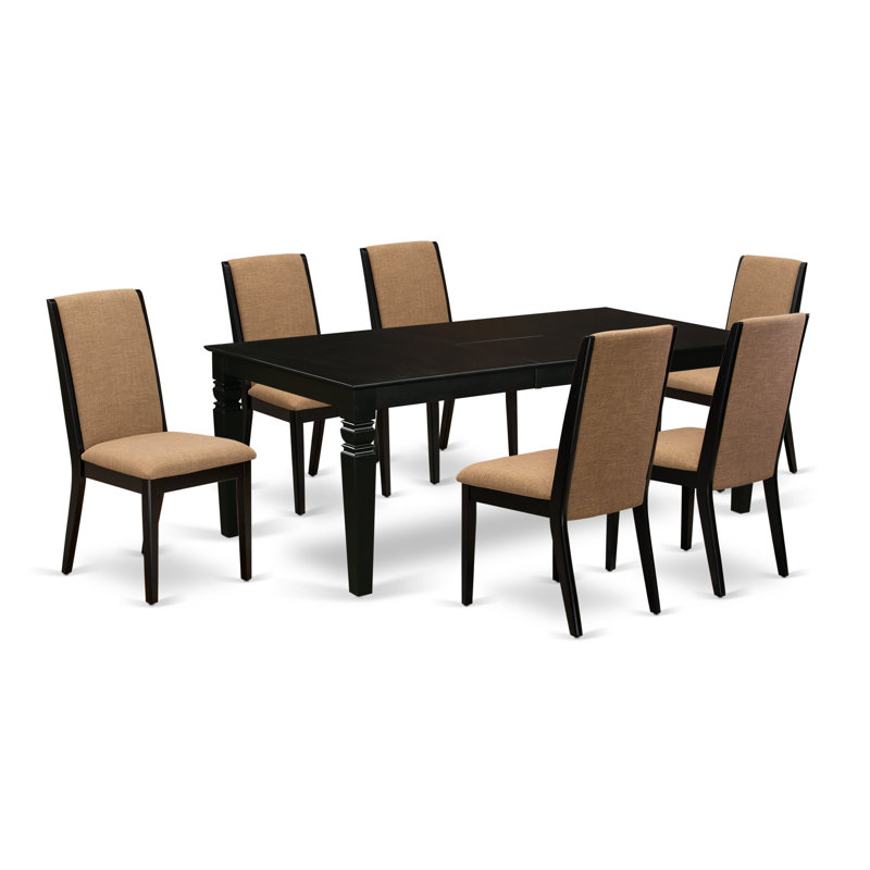 7 Piece Dining Table Set Consist of a Rectangle Wooden Table with Butterfly Leaf and 6 Light Sable Linen Fabric Upholstered Chairs, Black