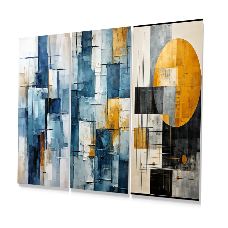 Cerulean Cubism Shapes - Abstract Shapes, ensemble de 3 reproductions d'art en métal, H 32 po x l 48 po