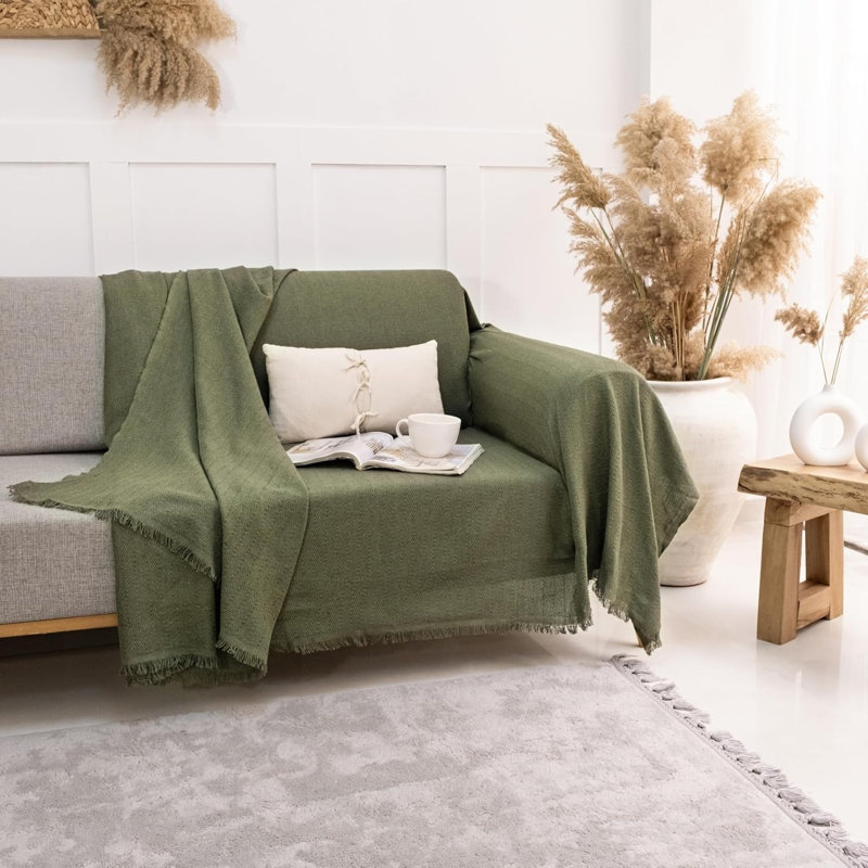 Cotton Box Cushion Sofa Slipcover, Green