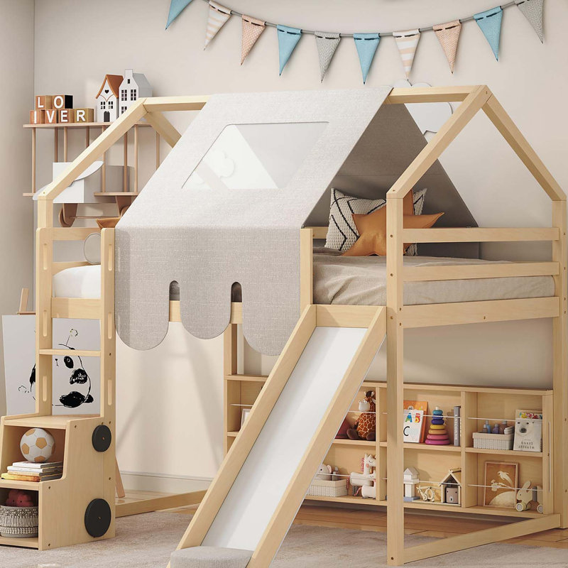 Lit mezzanine en bois pleine grandeur en forme de maison avec tente, naturel et beige, Lit double, Naturel