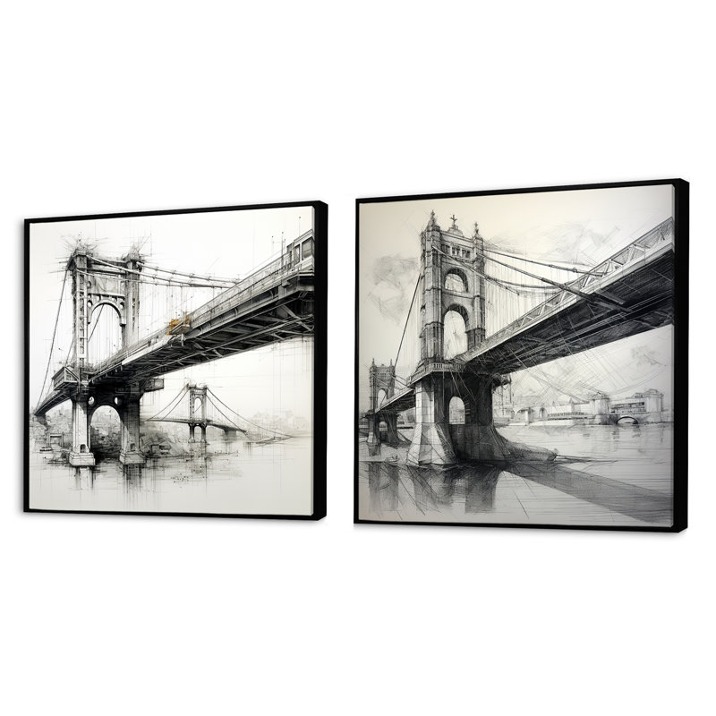 Dessin d'analyse d'un pont - ensemble de 2 collages carrés, Cadre flottant noir, H 30 po x l 61 po
