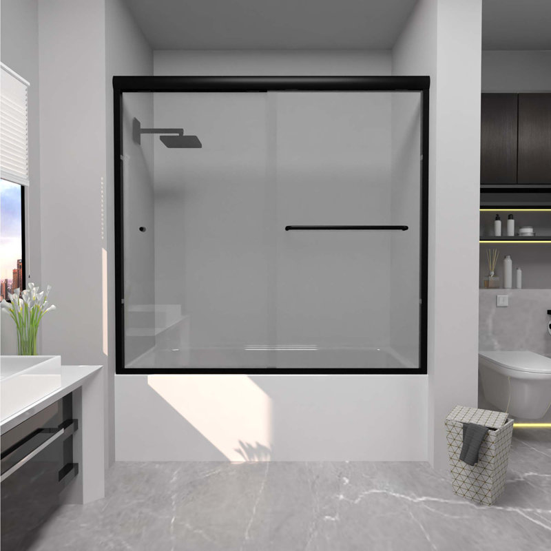 56'' - 60'' W x 56'' H Double Added Semi-Frameless Tub Door with Glass, Matte Black, Clear