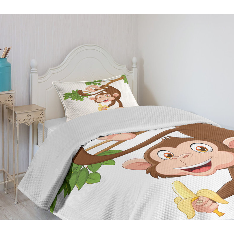 Twin White Quilted Bedspread Set with Monkey Design