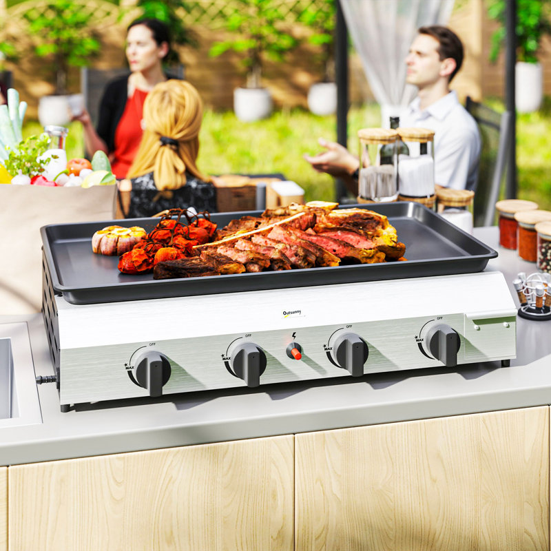 Outsunny Gas Plancha Barbecue Grill with 4 Burners, 9.6kW, Silver