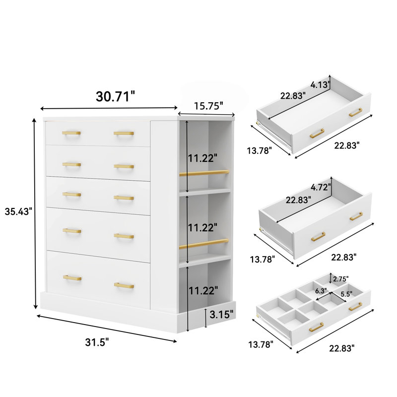 Drawer Dresser with Open Side Storage & LED Lights, 5 Drawers Cabinet with Tempered Glass Top and Jewelry Organizer, Wardrobe Closet Island, Ideal for Livingroom,Bedroom, White