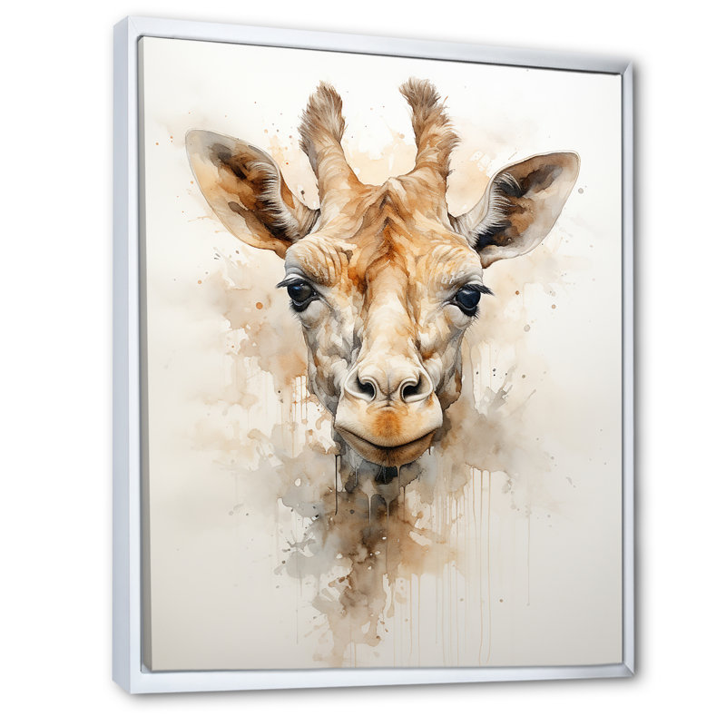 «Minimalisme», girafe beige sur toile, Cadre flottant blanc, H 32 po x l 24 po x P 1 po