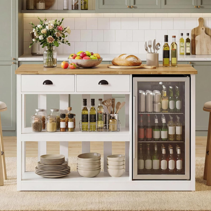 59 Inch Kitchen Island with Mini Fridge Space, Outlet & Storage Shelves , 59"W