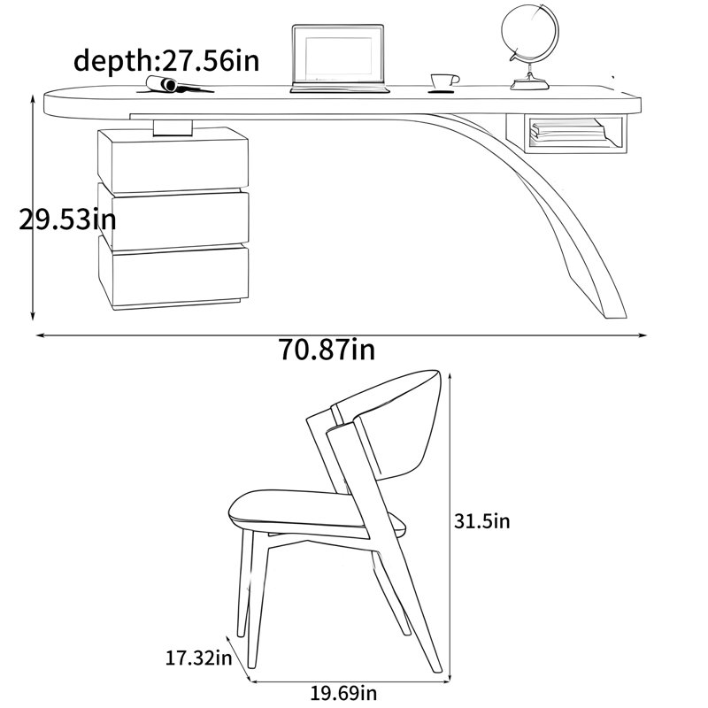  Bureau d'écriture, H 29,53 po x l 70,87 po x P 27,56 po