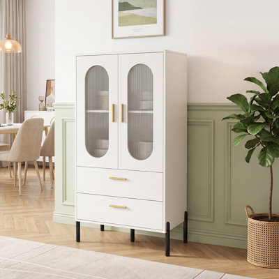 Modern Sideboard Buffet Cabinet with Fluted Doors, 2 Drawers, Solid Metal Frame