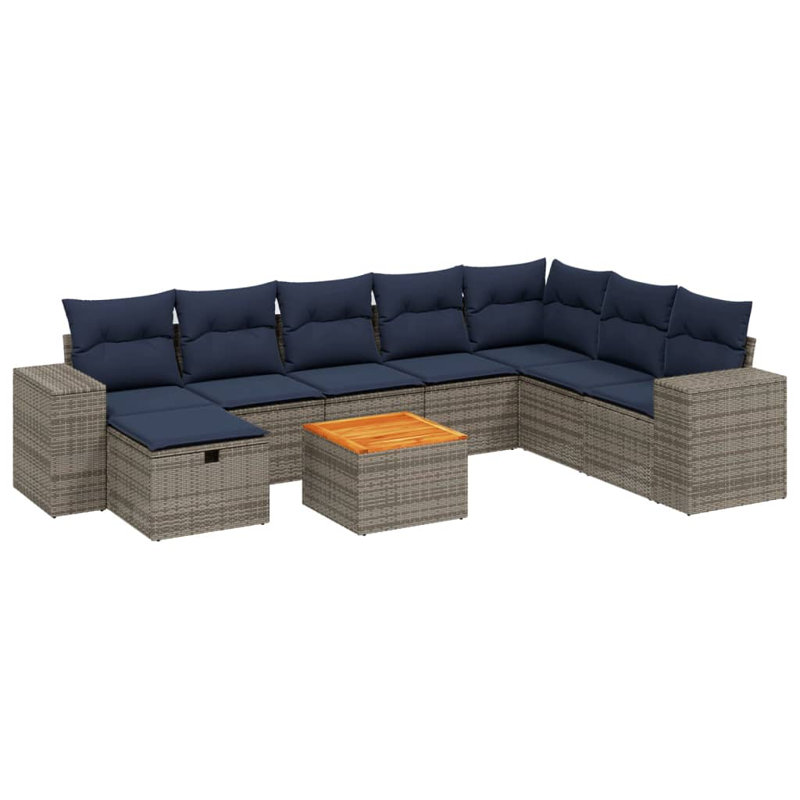 Ensemble de canapé de patio 9 pièces avec coussins en rotin de polyester noir, Gris, Marine