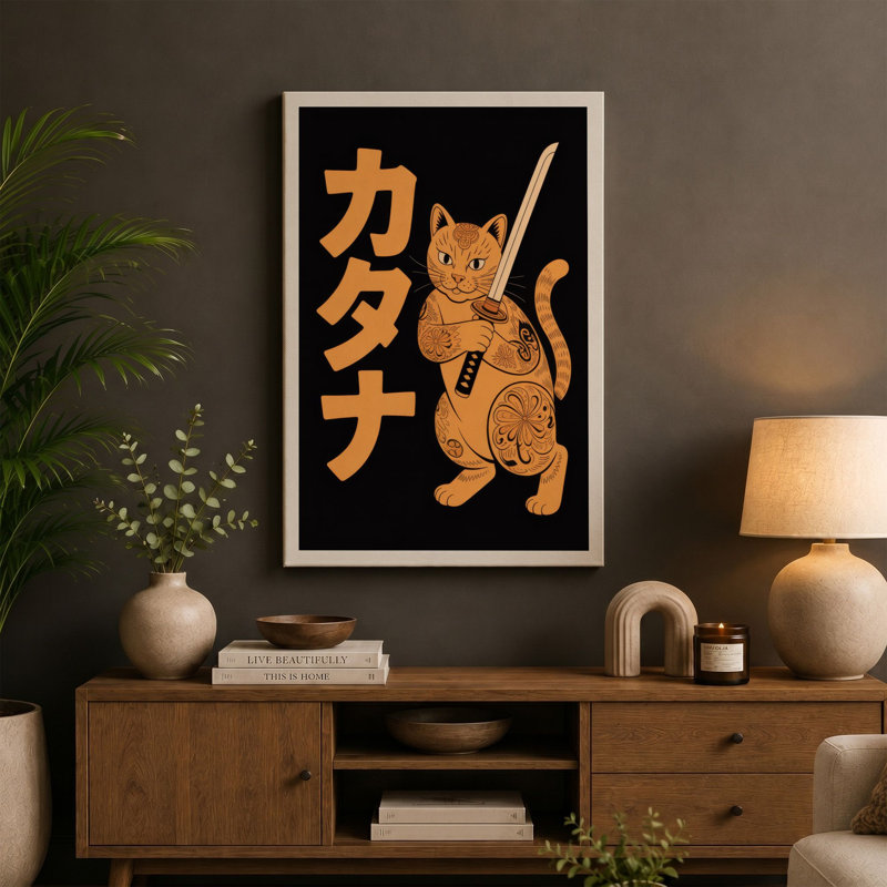 Golden Samurai Cat Japandi - Wrapped Canvas, 18x12 - 45.7 x 30.5 cm, Cream Border