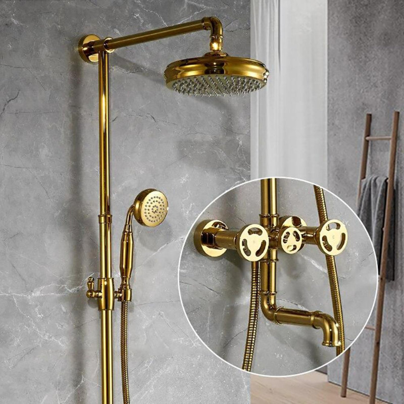 Ensemble de système de douche industriel victorien exposé doré poli