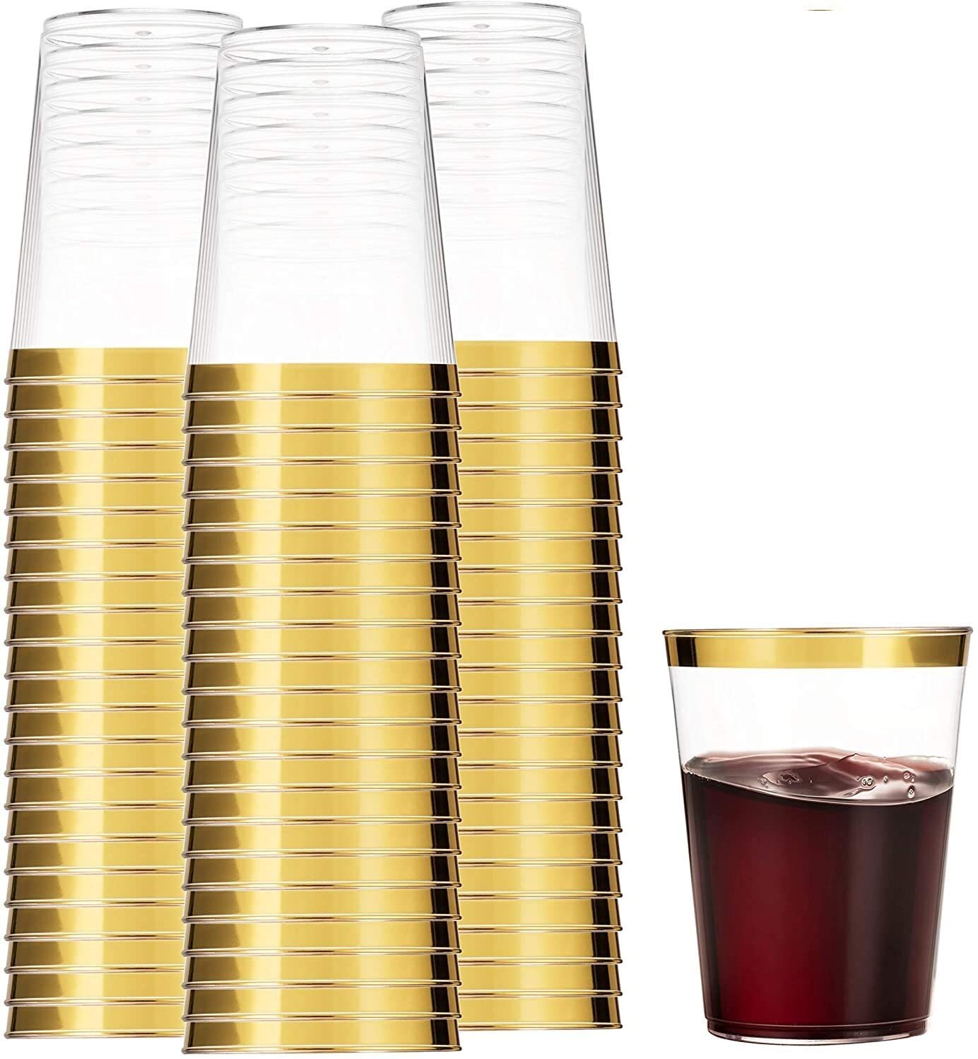 25 Pcs 8 oz. Clear with Gold Rim Disposable Plastic Party Cups
