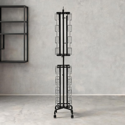 360-Degree Rotating Card Display Rack Storage Matte Black Metal with 32 Pockets and Lockable Wheels for Exhibitions and Offices