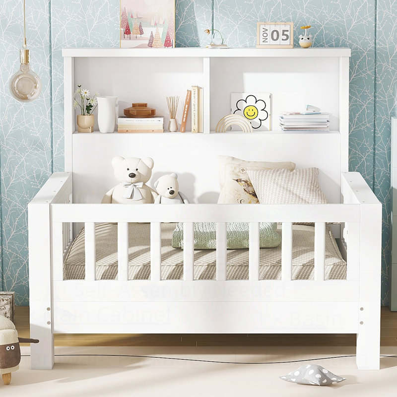 Lit plateforme polyvalent avec tête de lit avec rangement escamotable et rails de sécurité pour les pièces, Blanc